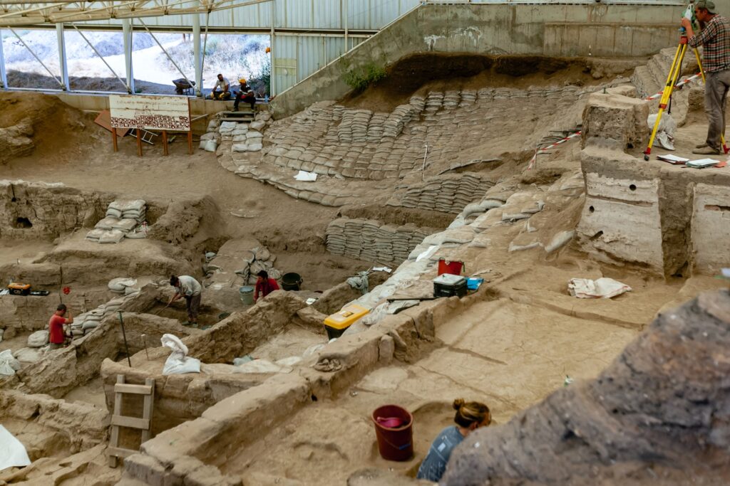 An archeological dig site under excavation.
