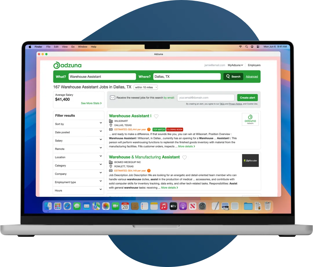 A screenshot showing search results for warehouse assistant jobs in Dallas, TX